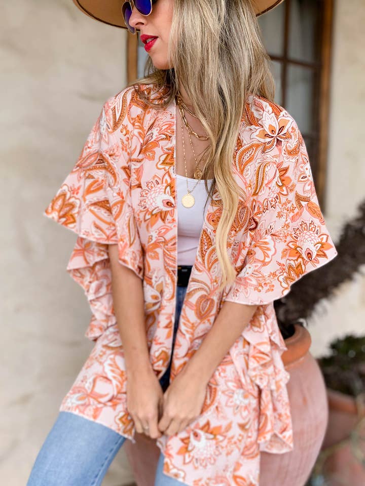 Peach Floral Printed Ruffle Sleeve Kimono Cover Up for wholesale by AMOLI
