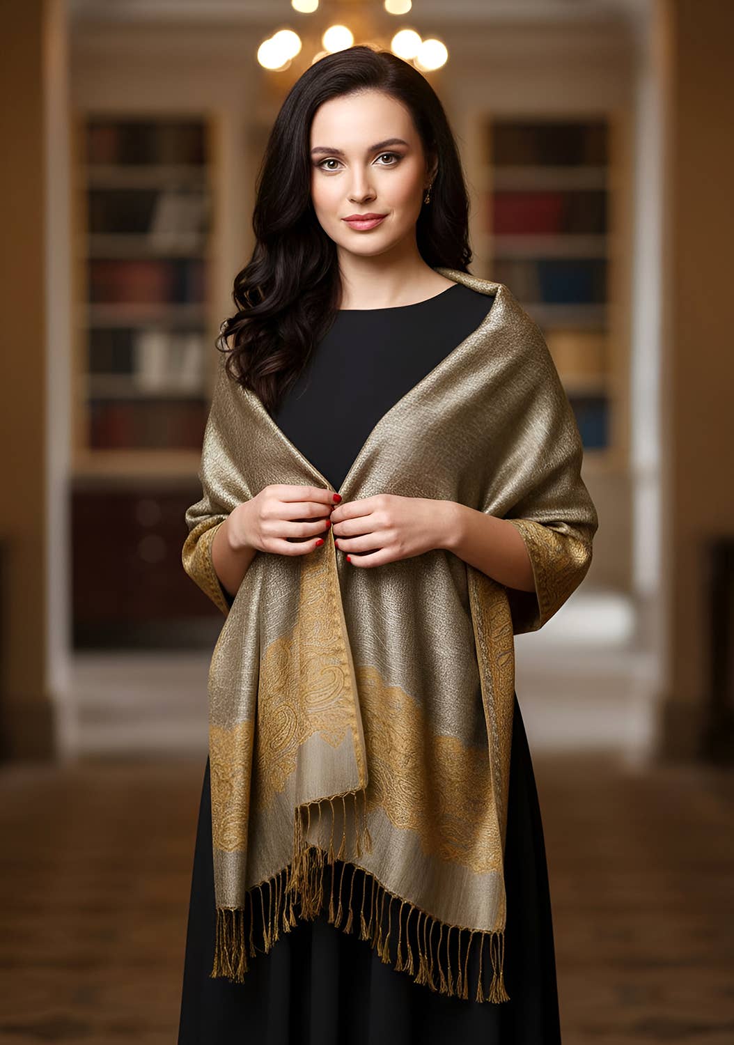 SERENITA - Wholesale Scarf - Women's - Pashmina Scarf Paisley Border Reversible Wrap Wedding Shawl8