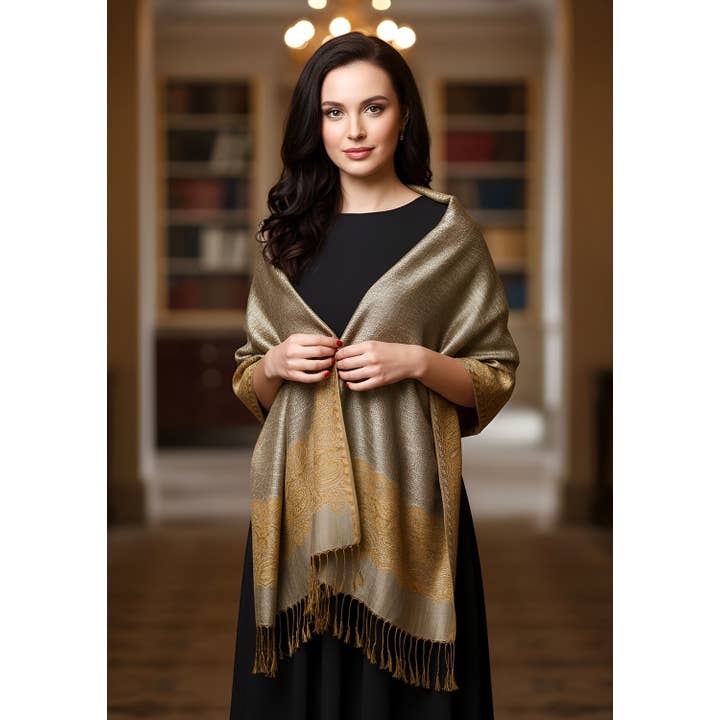 SERENITA - Wholesale Scarf - Women's - Pashmina Scarf Paisley Border Reversible Wrap Wedding Shawl8