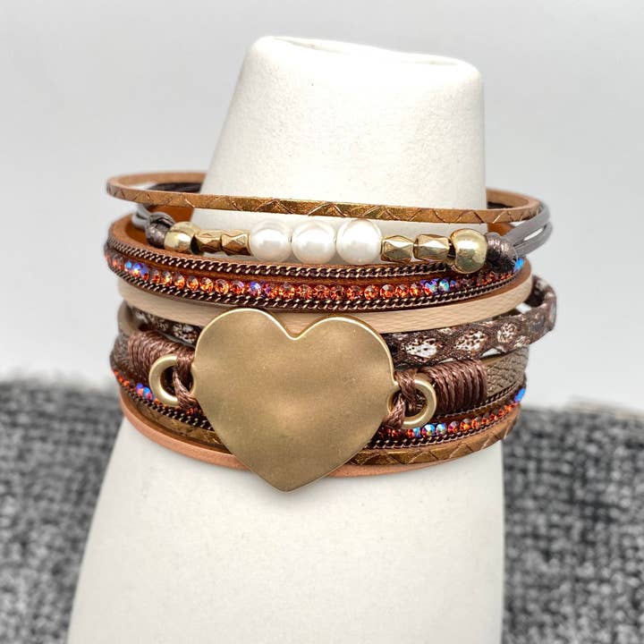 Mio Queena - Wholesale Charm/Dangle Bracelet - LB - Heart Charm Multilayer Rhinestone Leather Boho Bracelet