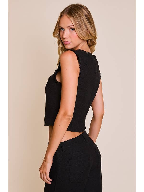 Black SLEEVELESS BOAT NECK FRONT CUT OUT TOP WITH WIDE LEG PANTS for wholesale on Faire