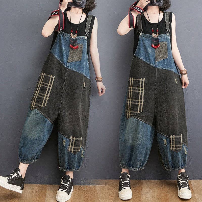 DRUCK Latzhose aus Denim mit Farbblock-Patchwork und Used-Effekt für den Großhandel auf Faire3