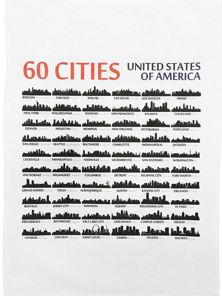 60 USA Cities in Silhouette Skyline Form - Large Cotton Tea for wholesale by Half a Donkey