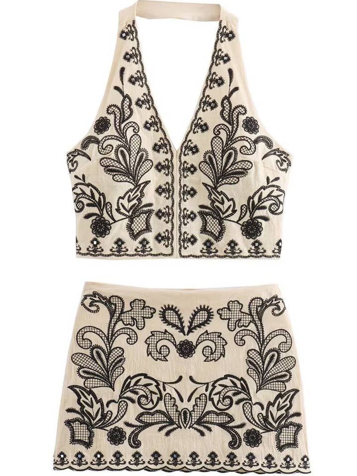 Blomstret halter crop top og nederdel sæt for engroshandel hos Mccolin