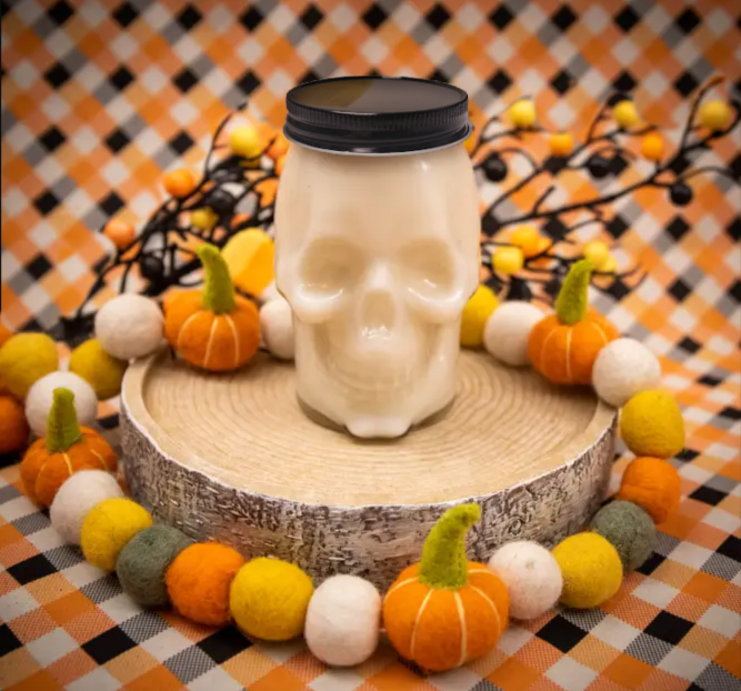 Oily Blends - Vente Bougie en bocal - Bougie Skull à la cire de soja Clean Burning Halloween1