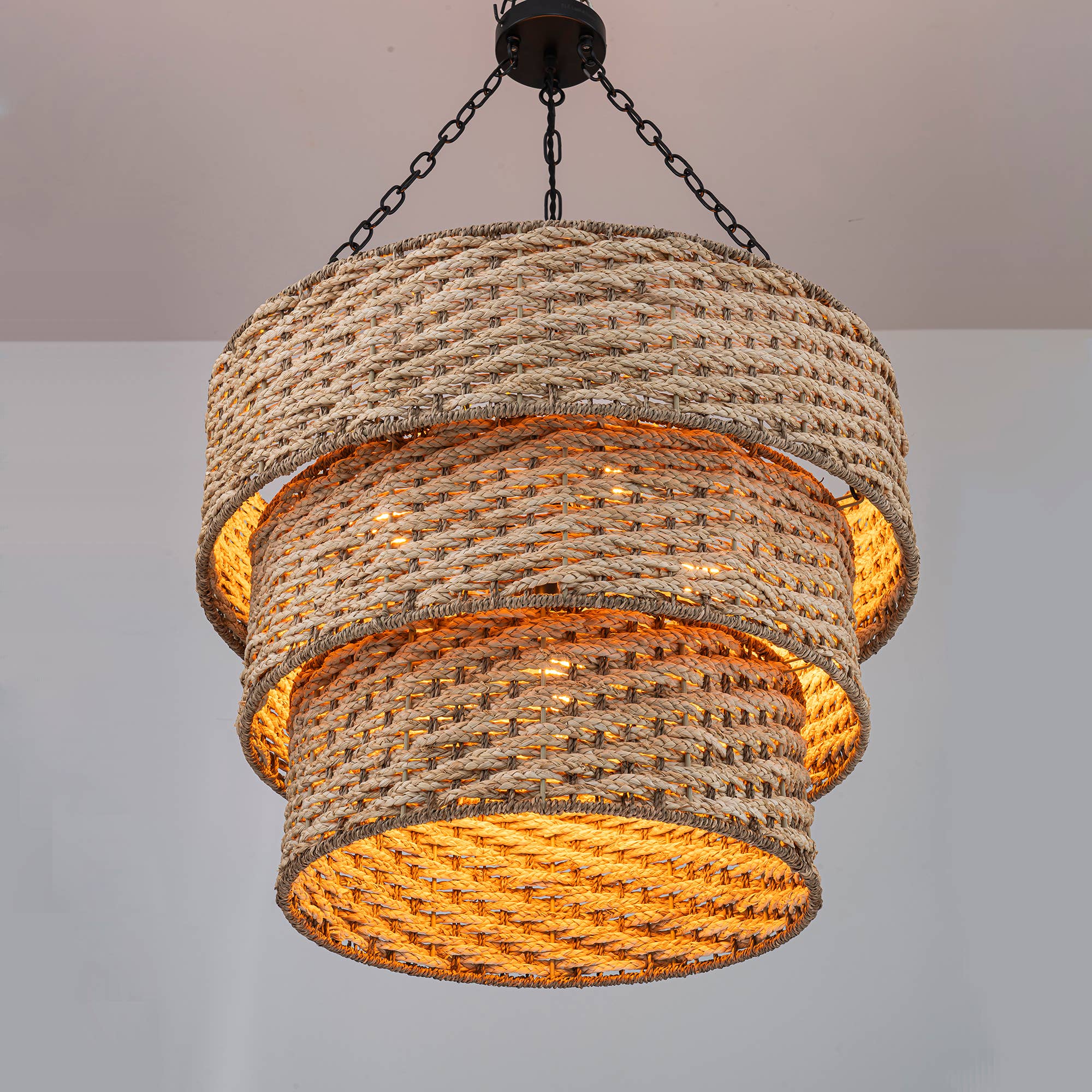 Beige Tierra 5-Light Matte Black 3-Tiered Rattan Chandelier for wholesale on Faire7