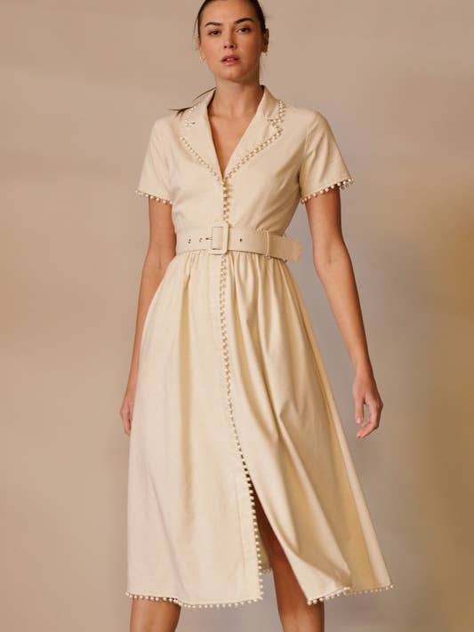 SHORT SLEEVE COLLARED MIDI DRESS WITH PEARL DETAIL for wholesale by Endless Blu