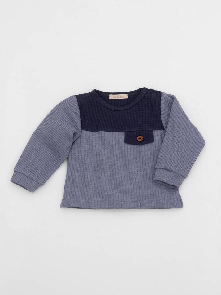 T-shirt de manga comprida com decote redondo com contraste orgânico azul por atacado de Kal Babies