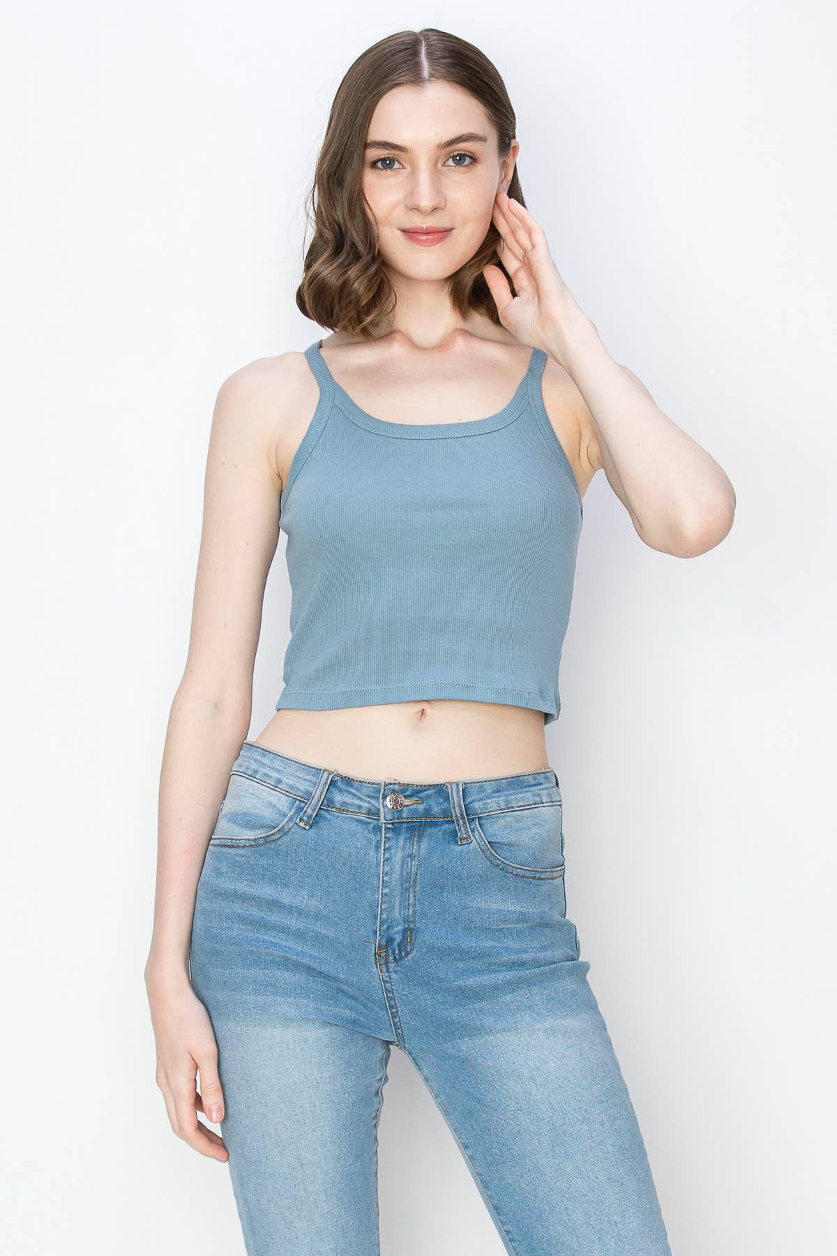 Color 5 - Vente Débardeur – femme - Débardeur spaghetti court en coton côtelé et élasthanne de couleur unie5