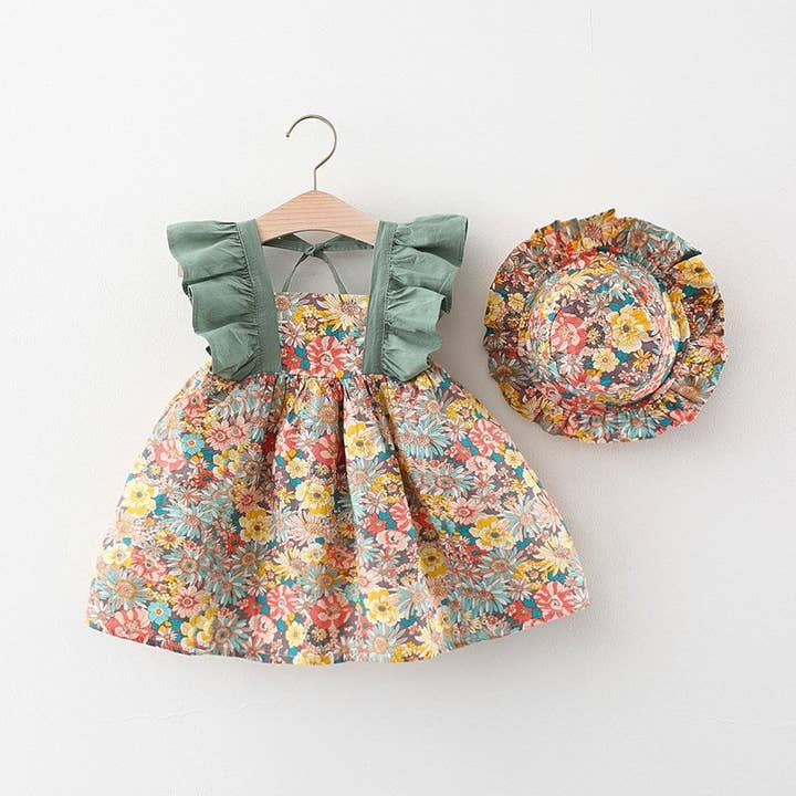 Vestido lindo para bebé niña con estampado floral y mangas estilo mariposa para venta al por mayor de MyKids-USA®