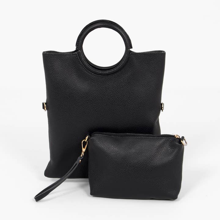 Set Borsa a Tracolla 2 Pezzi in Pelle Italiana Rowan - Nero, Martellata per la vendita all'ingrosso da parte di Sarta Pelle