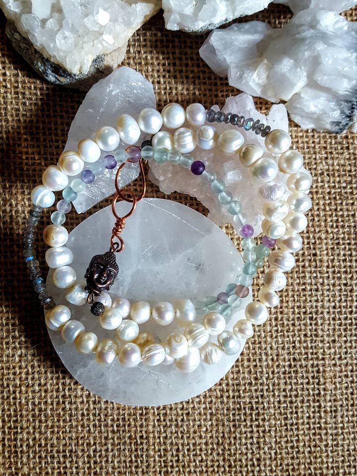 Freshwater pearl, Fluorite & Labradorite Necklace for wholesale by S.Alexander