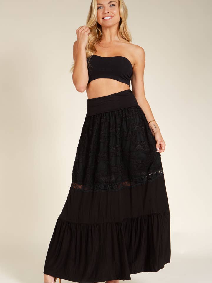 Saia Maxi Lace Combo Tier Ruffle por atacado de Orange Farm Clothing