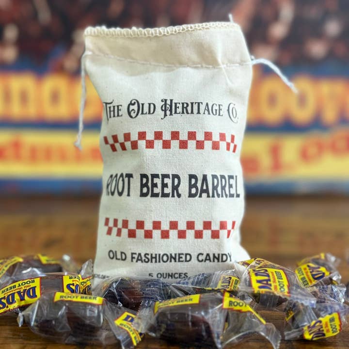 Root Beer Fassbonbons mit dekorativem Stoffbeutel (5 oz.) für den Großhandel von Richloam General Store