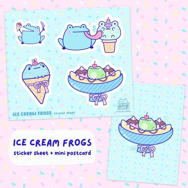 Ice Cream Frogs Sticker Sheet for wholesale by Rainylune