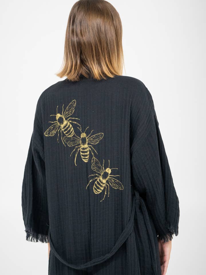 Bata Kimono de Algodón Turco Negra – Abejas Doradas Pintadas a Mano para venta al por mayor de Gipcco Design