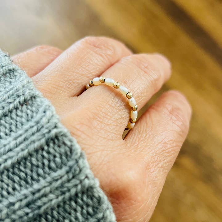 White Pearl Gold Fill Bead Ring Sterling Silver Stretchy for wholesale by Jennifer Shon Jewelry