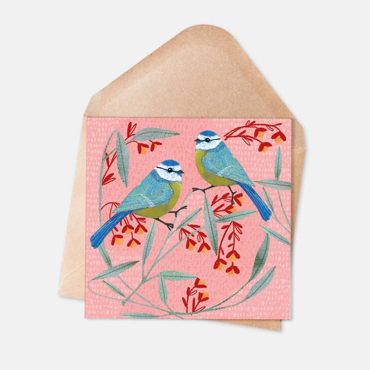 Eurasian blue tits - Everyday Illustrated Nature Card- Pink for wholesale by Ilana Ewing Designs