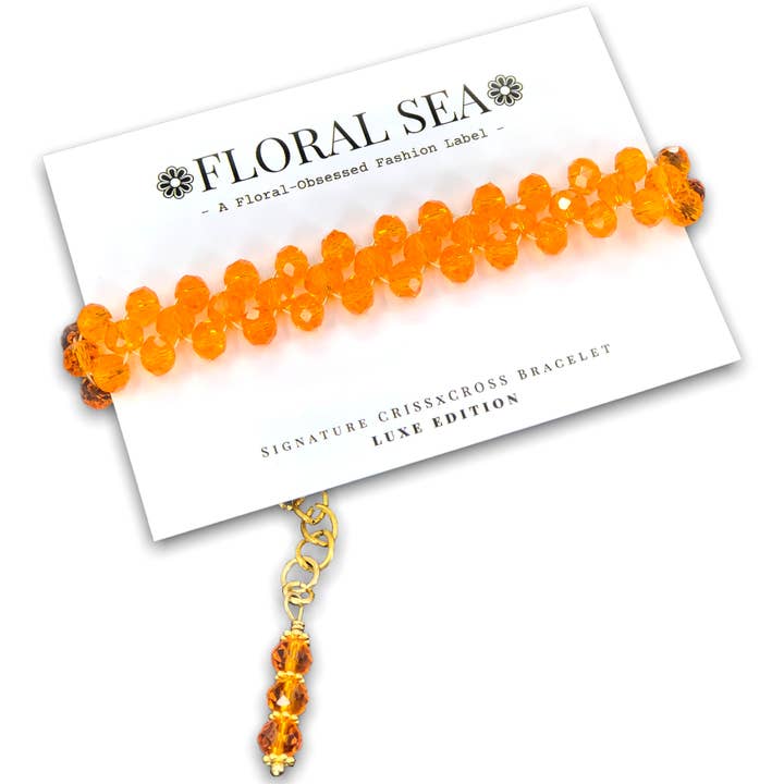 ❁FLORAL SEA❁ Signature CRISSxCROSS Bracelet in Orangey Zinnias: Luxe Edition for wholesale by FLORAL SEA