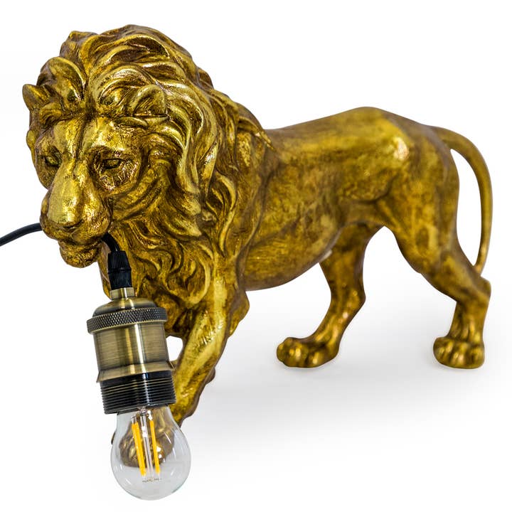 Antique Gold Prowling Lion Table Lamp for wholesale by McGowan & Rutherford Ltd