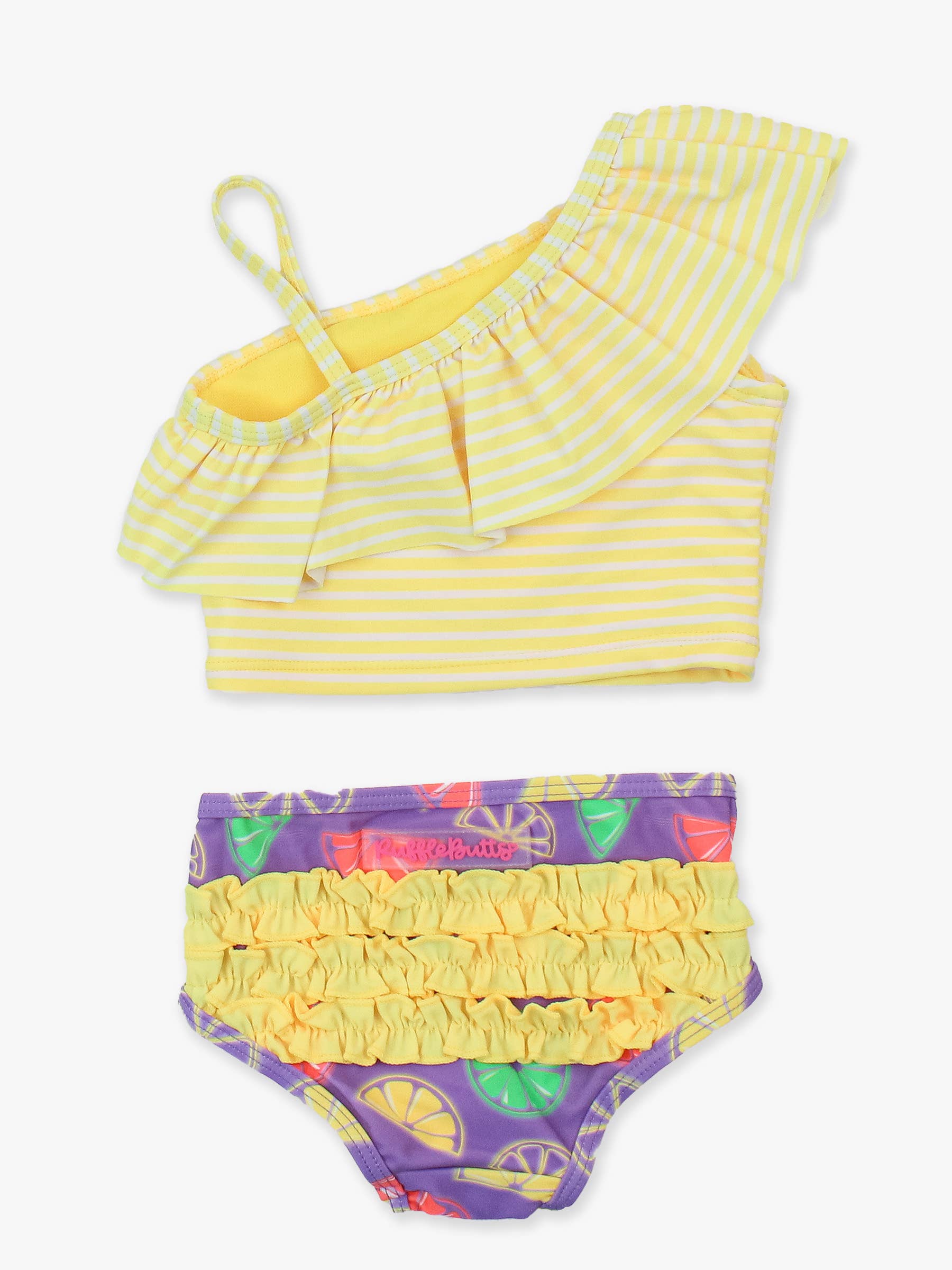Girls Neon Purple Citrus One Shoulder Ruffle Tankini 2-Piece Swimsuit with Signature Rear Ruffles for wholesale on Faire1