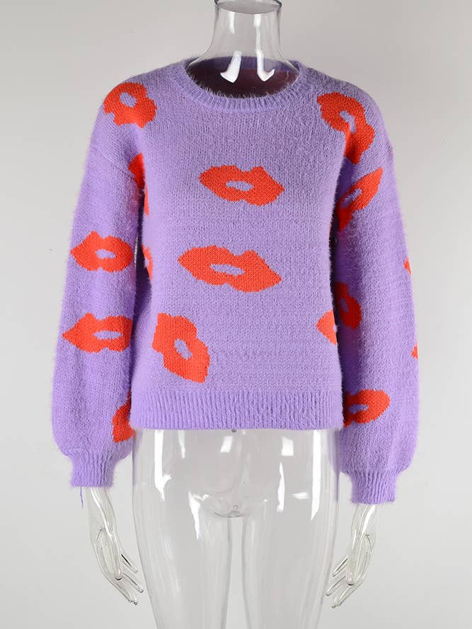 Comely Fashion - Wholesale Knit Sweater - Women's - Valentine Lips Pattern Knit Pulllover Sweater