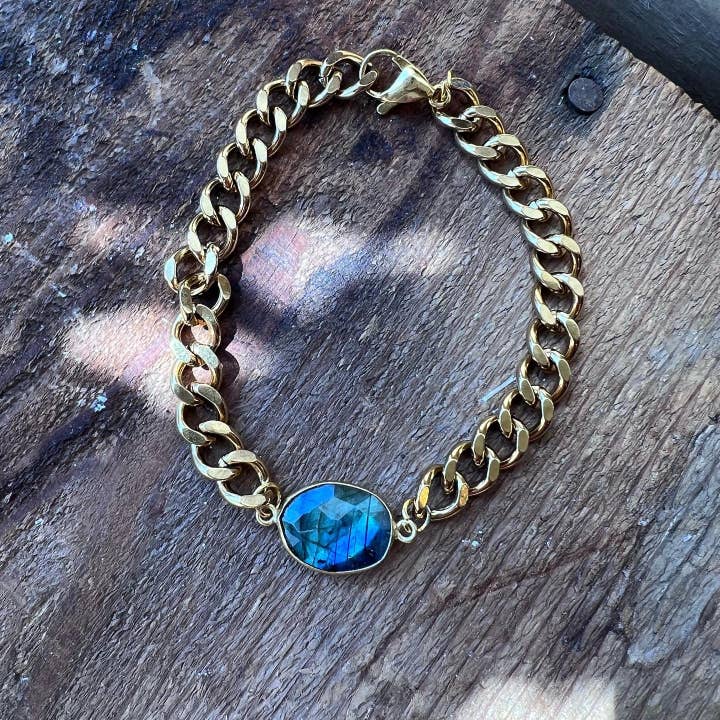Pulseira Corrente Curb em Ouro Ajustável com Labradorite por atacado de Carley King Jewels