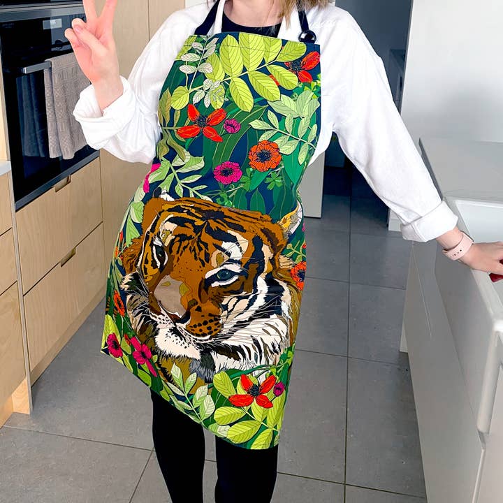 Tiger Big Cat Apron - UK Made - 100% Organic Cotton - Pocket for wholesale by Bean and Bemble
