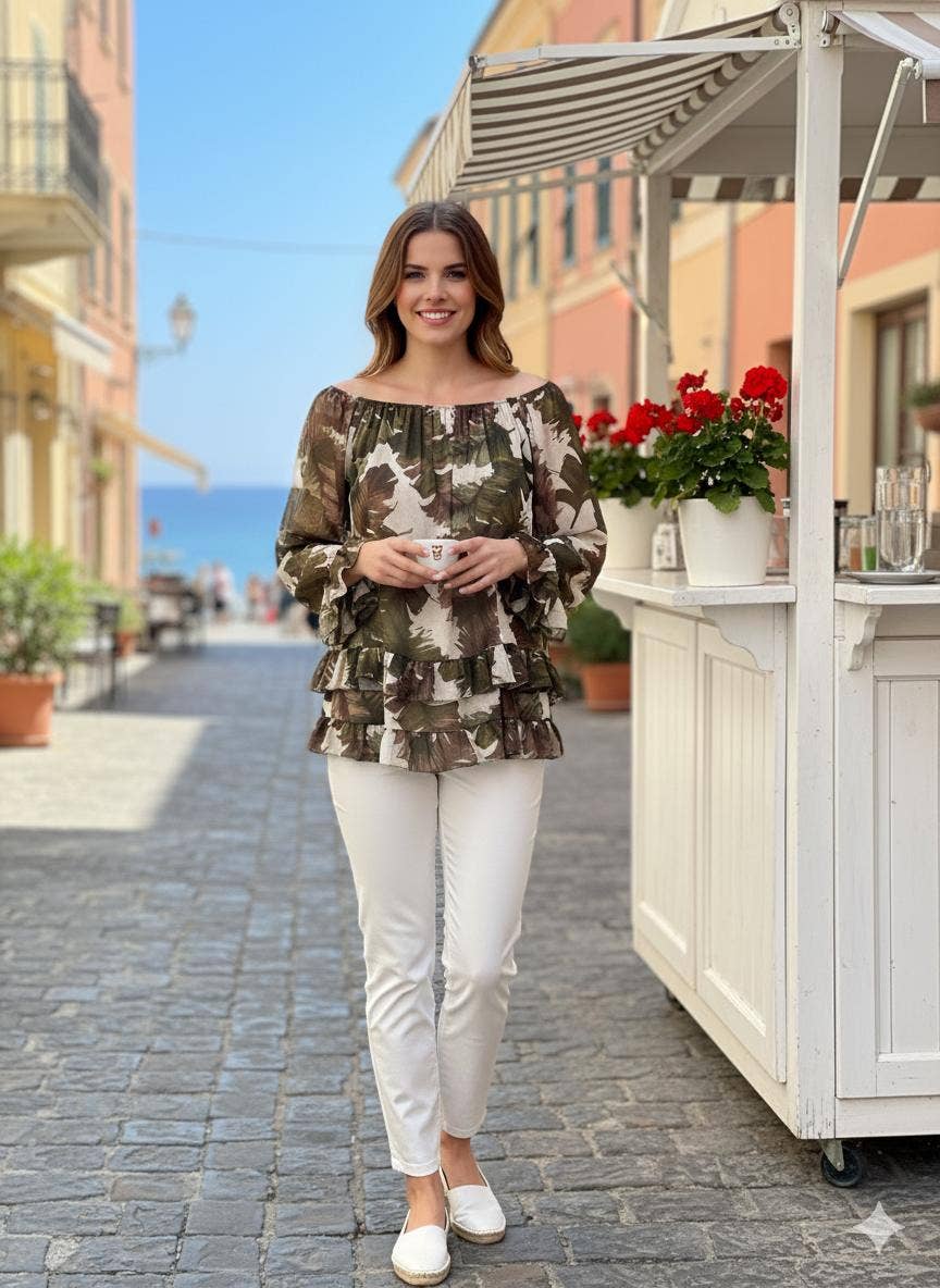 Kurt Muller – Blusa - Mulher por atacado – Blusa com Bainha Franjada e Estampa de Folhas de Palmeira3