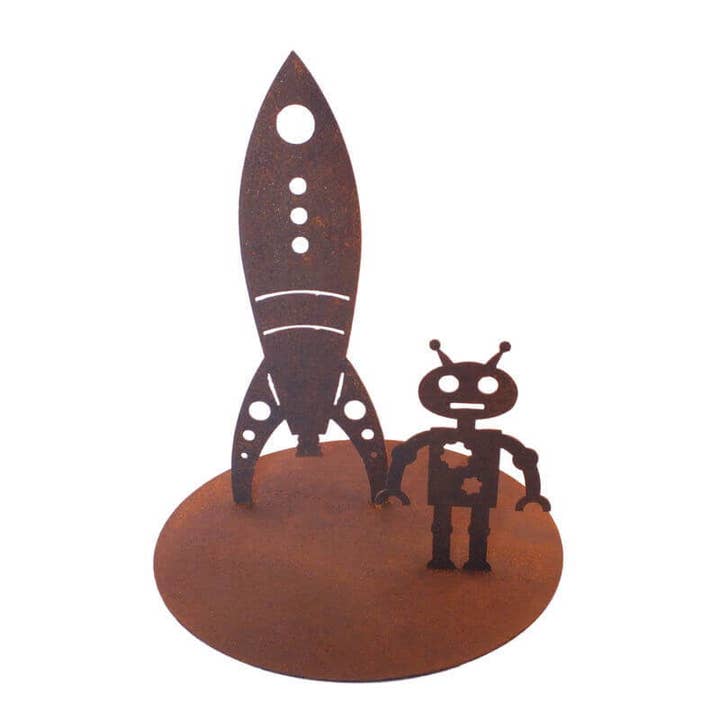 Rocket and Robot Stand Garden Art for wholesale by Overwrought