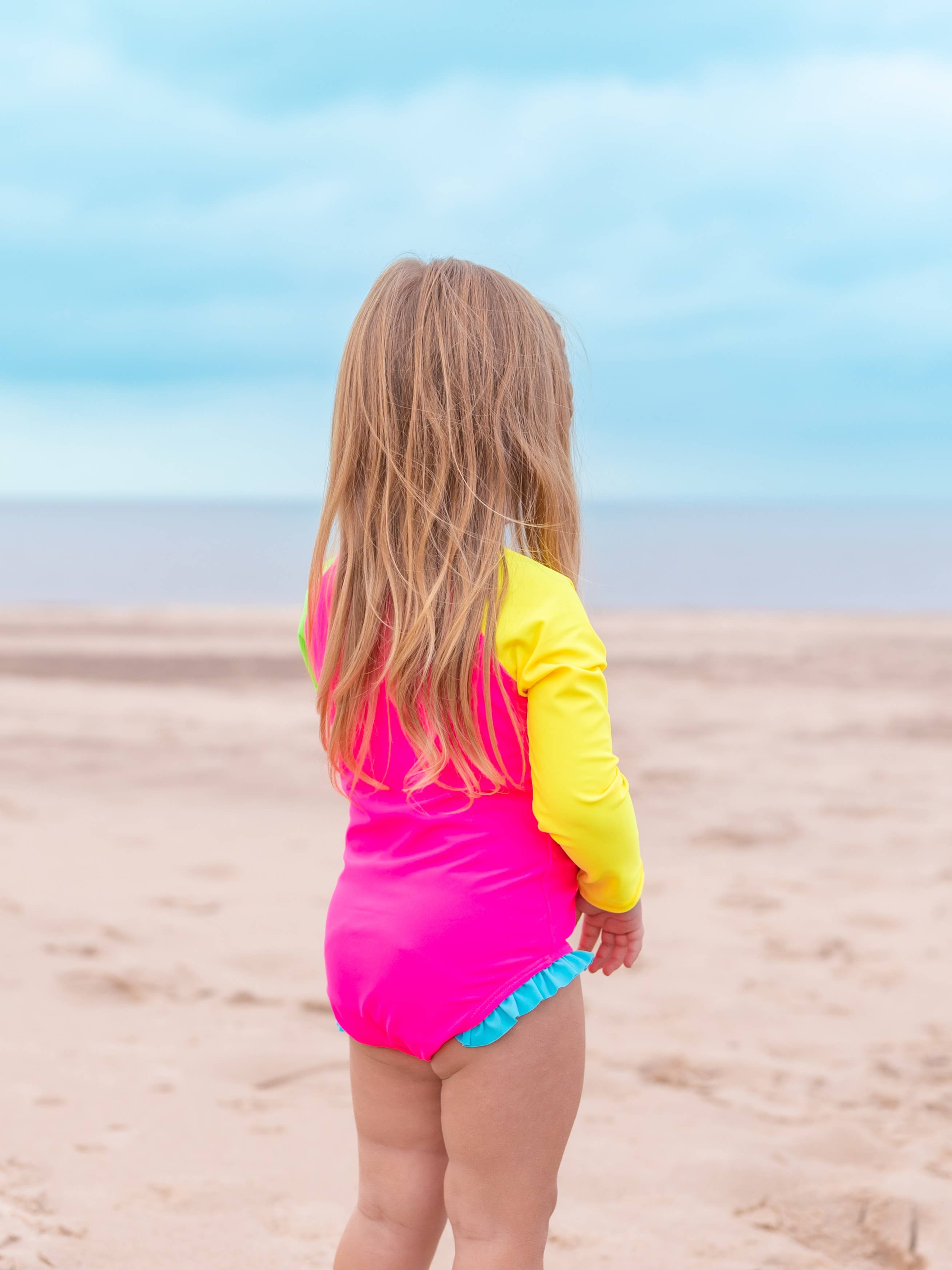 Pink Girls Neon Color Block Long Sleeve One Piece Rash Guard Swimsuit for wholesale on Faire5