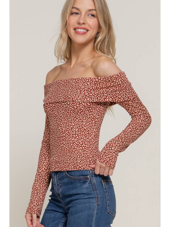 RST rust taupe Long Sleeve Off The Shoulder Leopard Printed Rib Knit Top for wholesale on Faire
