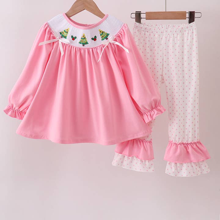 Pink christmas tree smocked ruffle pants set and other Purchase Wholesale smocked christmas outfit. Free Returns & Net 60 Terms on Faire trending on Faire.