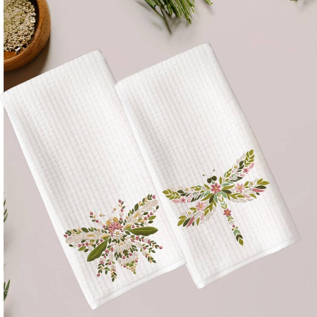 Cottage & Club – wholesale Tea towel – Floral Butterfly, Bee & Dragonfly Tea Towels - Choose Your Design | Waffle Weave Insect Towels | Embroidery Look Kitchen Decor3