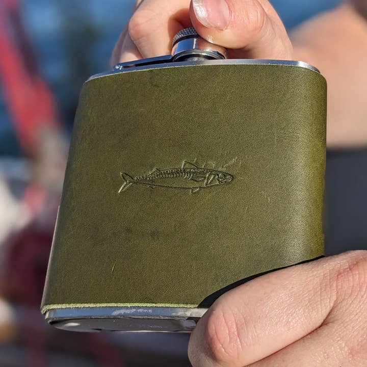 Mackerel Stamped Leather Hip Flask — Scottish Fishing Gift for wholesale by J Boult Designs