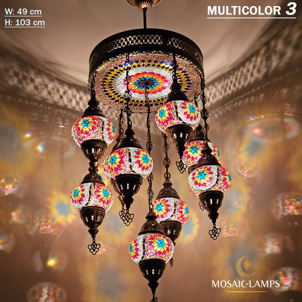 Mosaic Lamps – Großhandel Kronleuchter/Hängeleuchte – 9+1 türkische Kronleuchter mit gemischtem Globusmosaik, gemischte Siedlung16