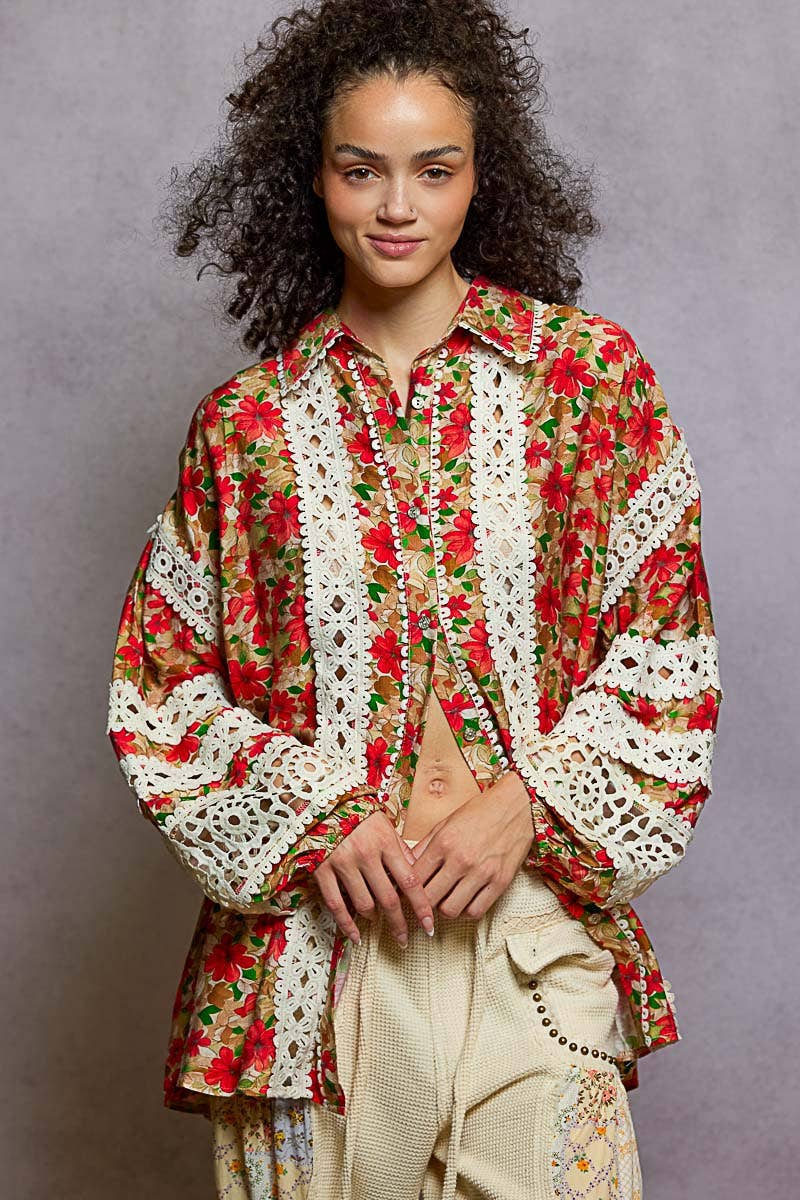 Pol Clothing - Wholesale Button Down Shirt - Women's - Balloon Sleeve Trim See-through Floral Printed Shirt Top6