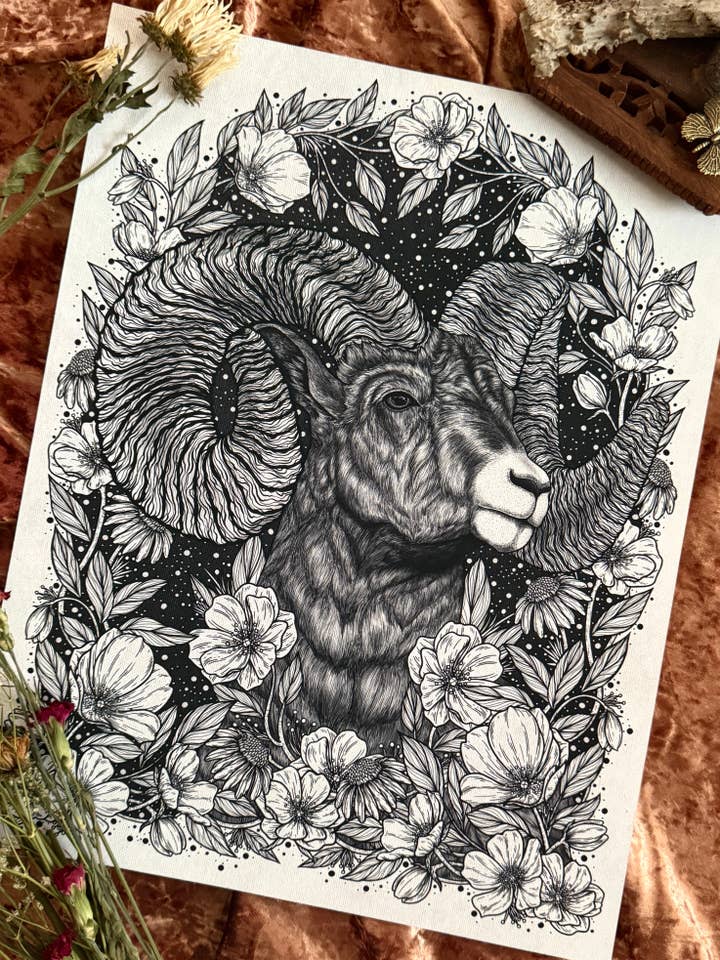 Conquer - Floral Ram Art Print for wholesale by Strat Lacy Art