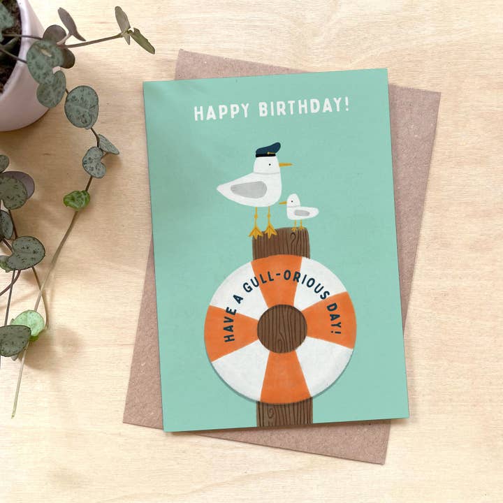 'Have a Gull-orious Birthday' Seagull Recycled Coffee Cup Card for wholesale by Coffee Cup Cards