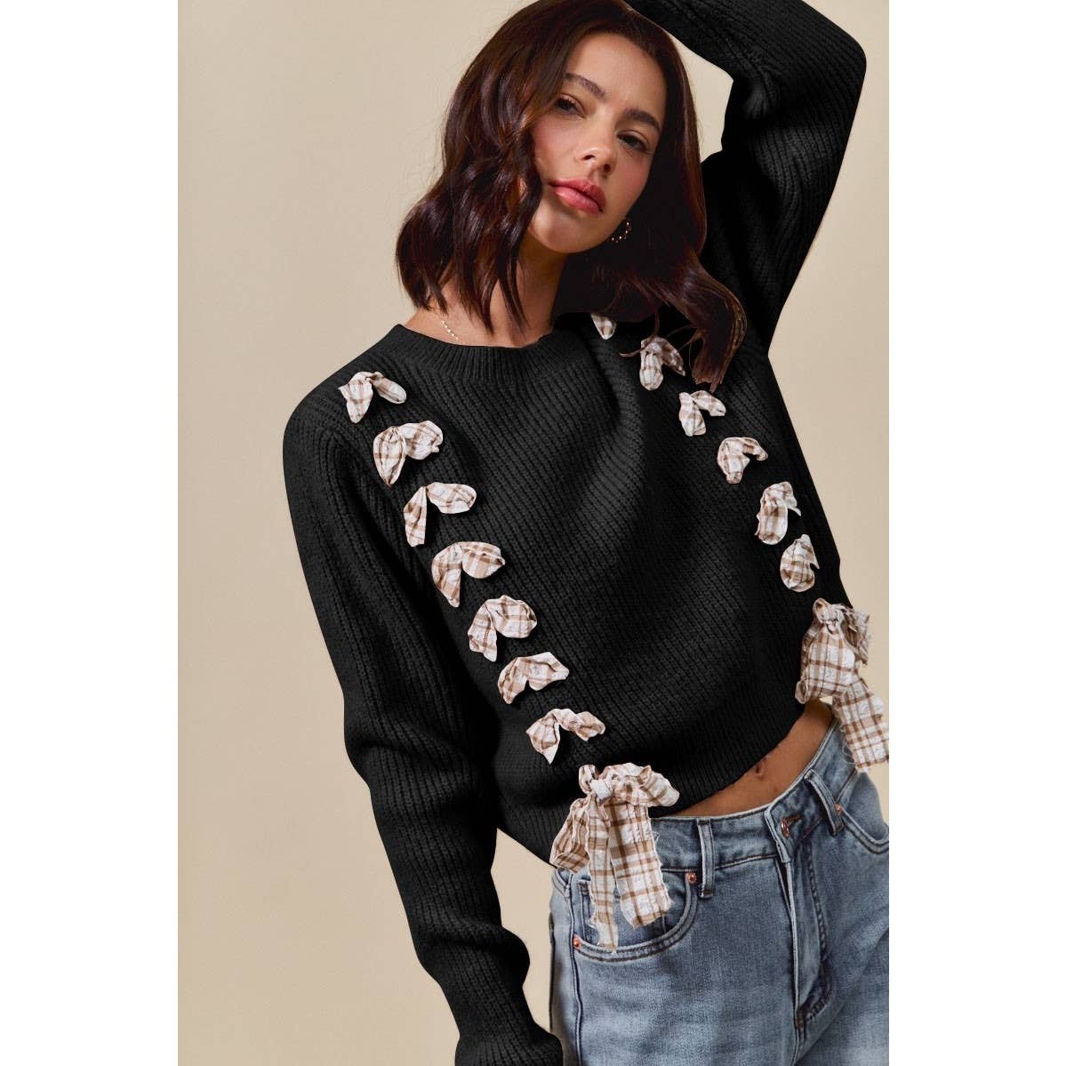 IVE - Wholesale Knit Sweater - Women's - Checkered Plaid Tape Lace Up Sweater Top0