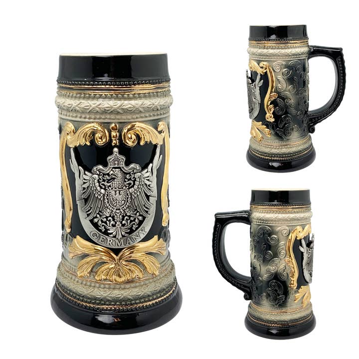 European Heritage Gifts - Wholesale Beer Glass/Mug - Charcoal Black Ceramic Stein Beer Mug with Germany Eagle