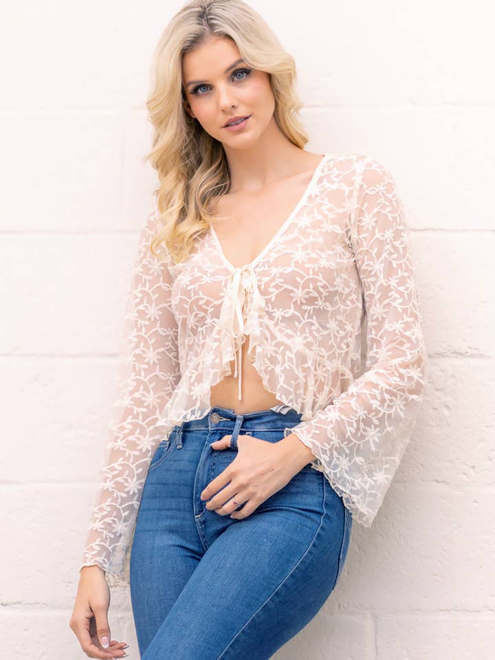 CREAM LT64353T-Flyaway ruffle front tie cardigan for wholesale on Faire