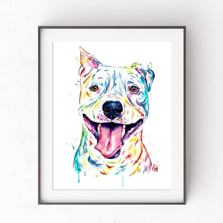 Pitbull 2 Art Print, Smiling Dog, Dog Art Cards, Fine Art for wholesale by Whitehouse Art