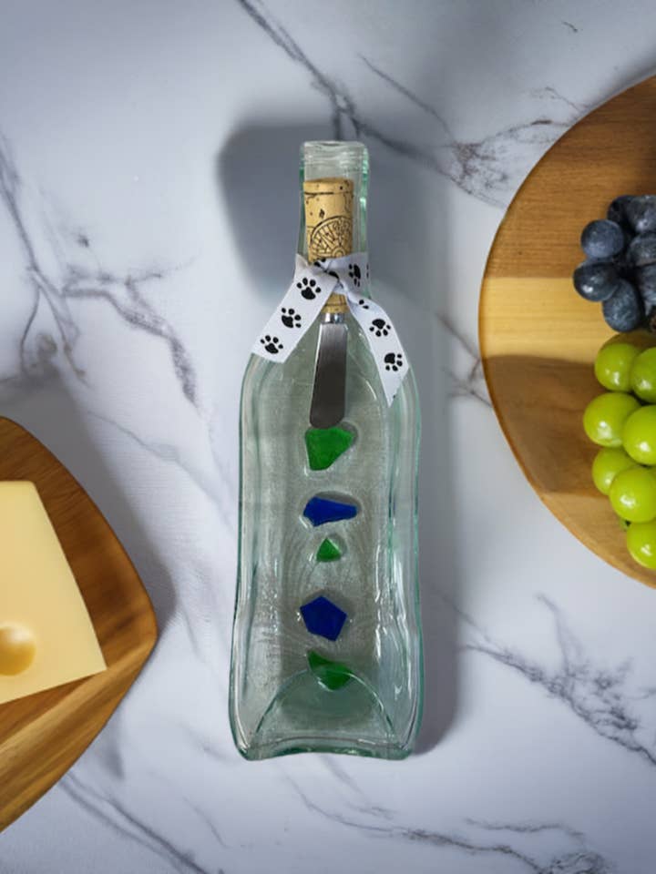 Clear Slumped Wine Bottle Tray with embedded wine bottle glass for wholesale by Rescued Whines