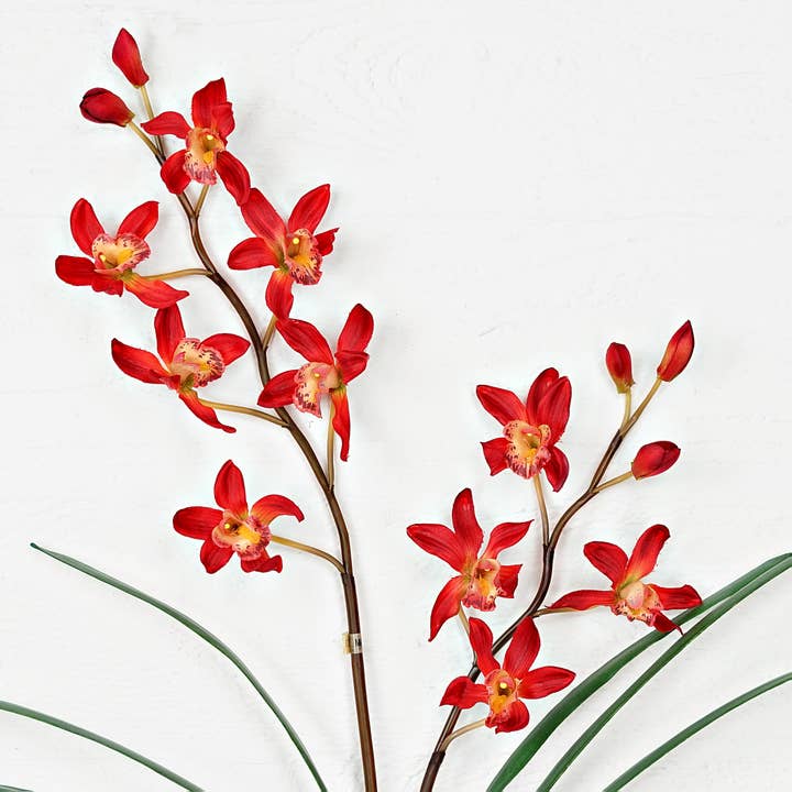 Impressive Enterprises, Inc. - Wholesale Artificial Flowers - IT015RD- 29" x 27" Cymbidium orchid w leaves bush spray -Red1