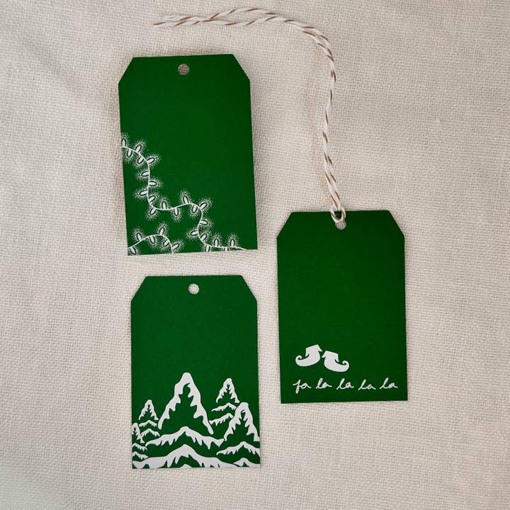 Witte Folie Groene Kerstlabels voor wholesale door Stephanie's Paper Shop