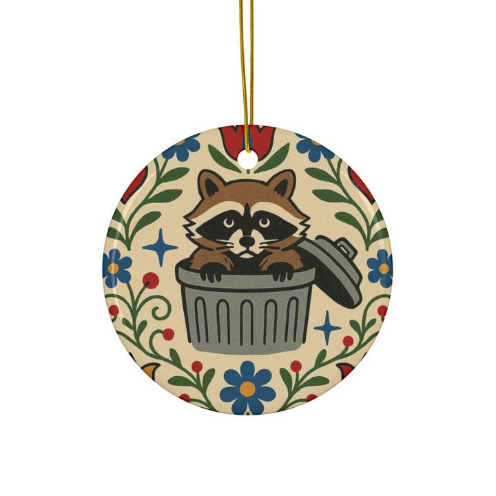 Raccoon in Trash Can Ceramic Ornament – Folk Art Woodland Christmas Décor for wholesale by Rainbow Unicorn Birthday Surprise
