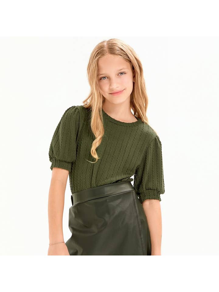 Good Girl - Wholesale T-Shirt - Kids - Embossed Knit Short Puff Sleeves Top