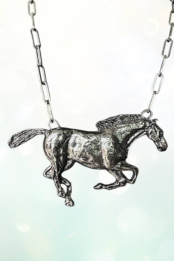 Burnished Silver WESTERN RUNNING HORSE PENDANT NECKLACE for wholesale on Faire1
