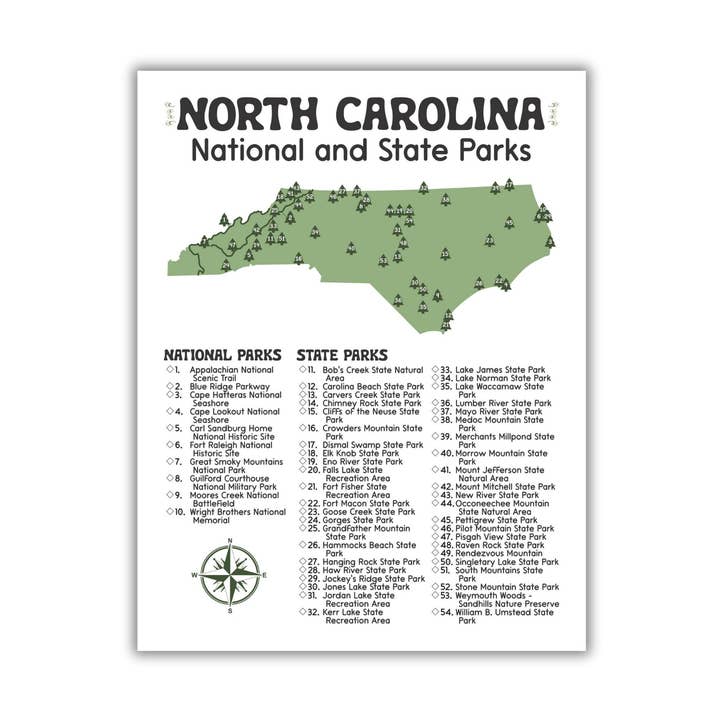 Carte et liste de contrôle des parcs nationaux et d'État de Caroline du Nord pour la vente par National Park Obsessed LLC